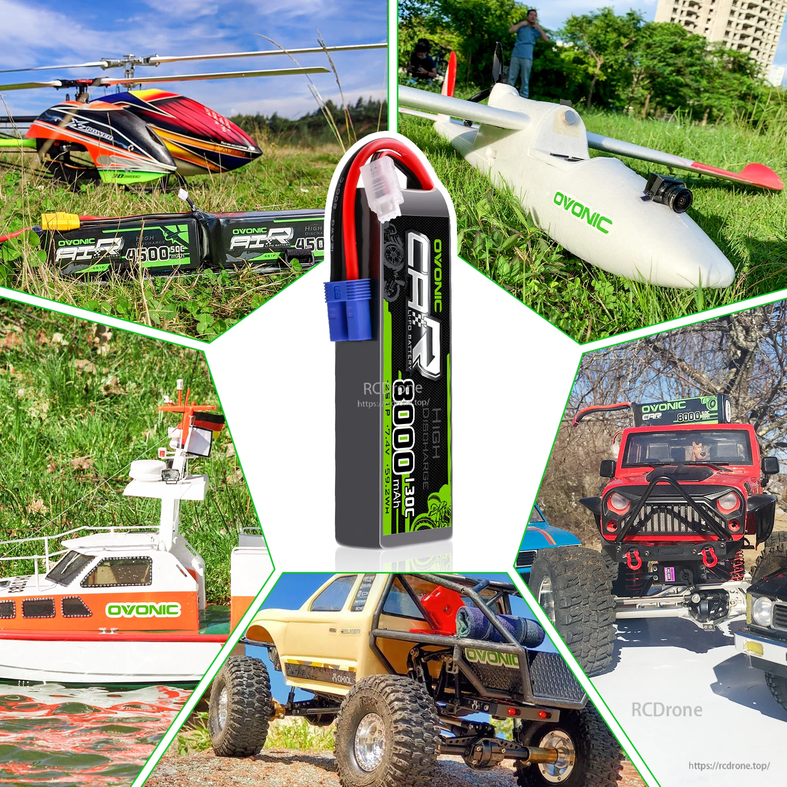 OVONIC 2S 8000mAh LiPo used across RC models: helicopter, airplane, boat and 1/10–1/8 scale trucks