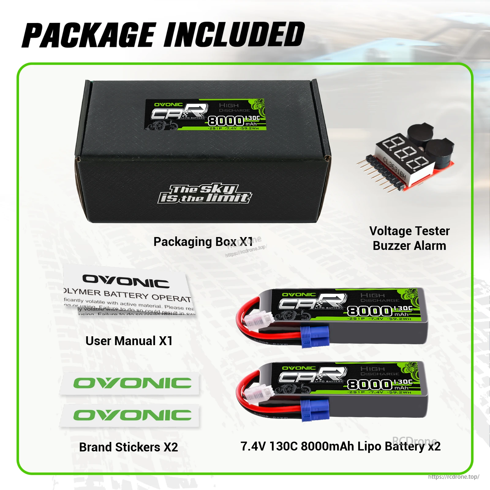 Package contents: two OVONIC 7.4V 8000mAh 130C 2S LiPo batteries, voltage checker buzzer, manual, stickers, box