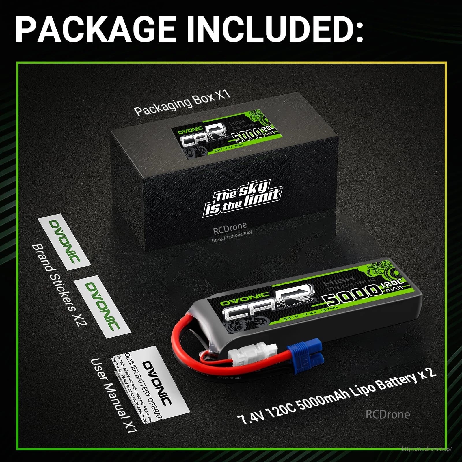 Package contents: Ovonic 7.4V 5000mAh 120C LiPo battery, retail box, two brand stickers, and user manual