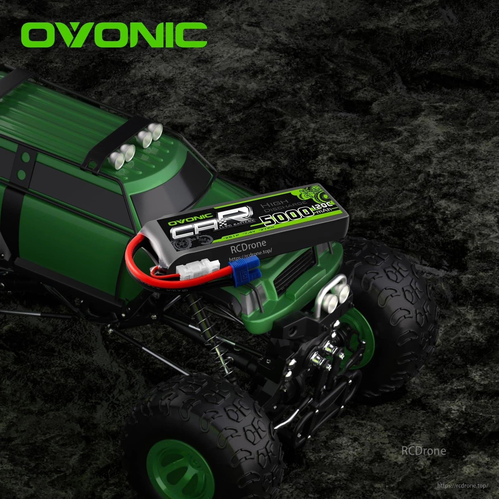 Ovonic 2S 5000mAh LiPo installed on an RC monster truck with EC3 connector for 1/10-scale fitment example