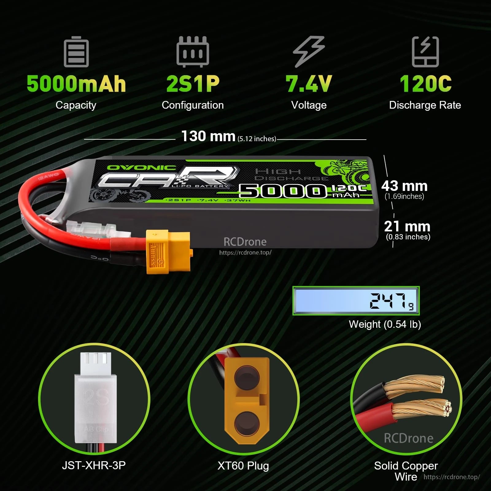 Ovonic 2S 7.4V 5000mAh 120C LiPo battery specs with size 130×43×21mm, weight 247g, XT60 and JST-XHR-3P