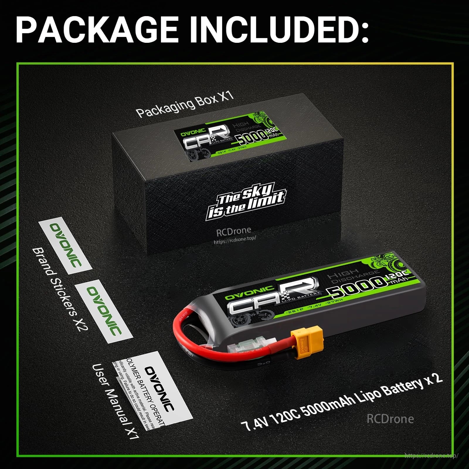 Package contents for Ovonic 2S 7.4V 5000mAh LiPo battery set: batteries, stickers, user manual and packaging box