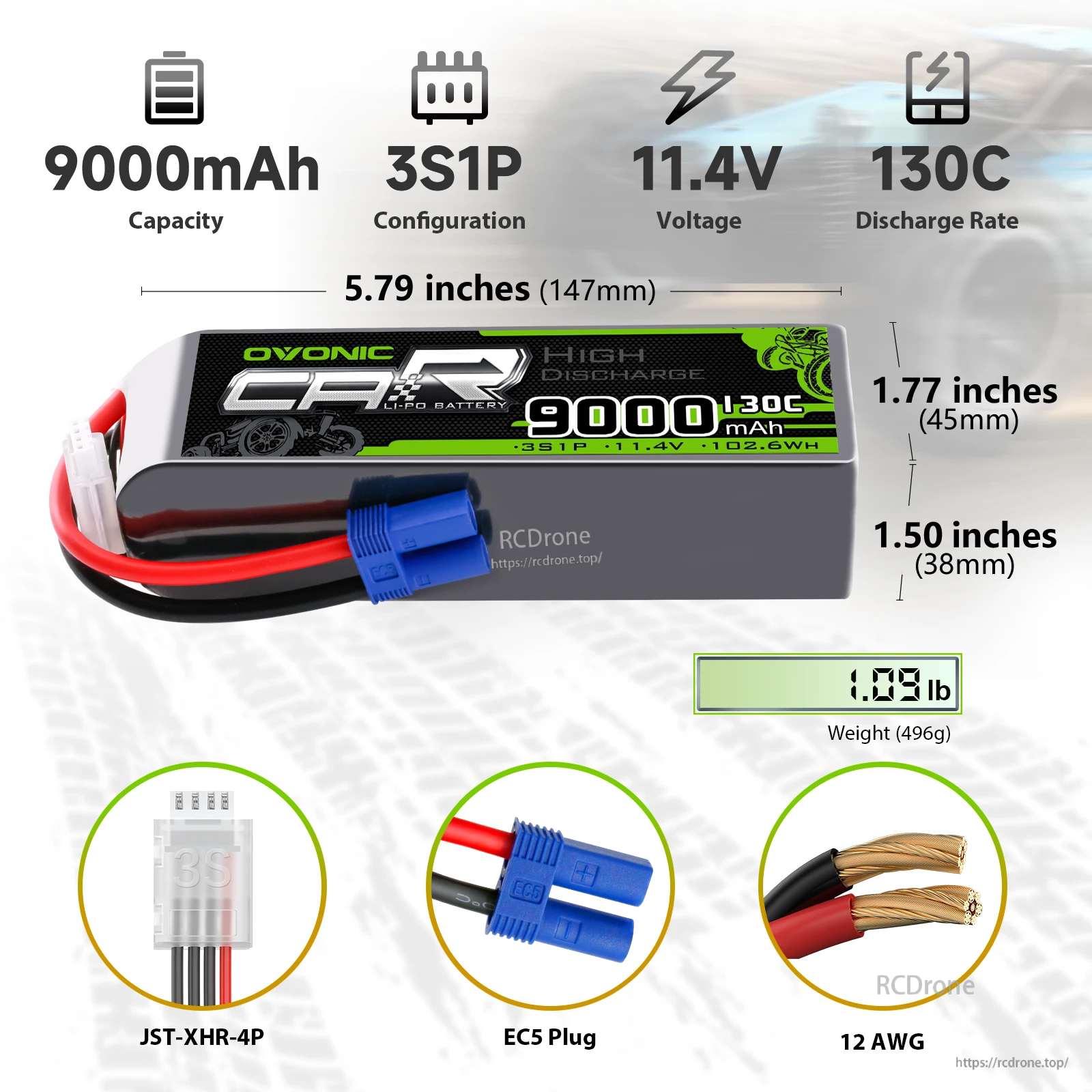OVONIC 3S 9000mAh 11.4V LiHV LiPo battery with EC5 plug, 130C rating, size and weight callouts