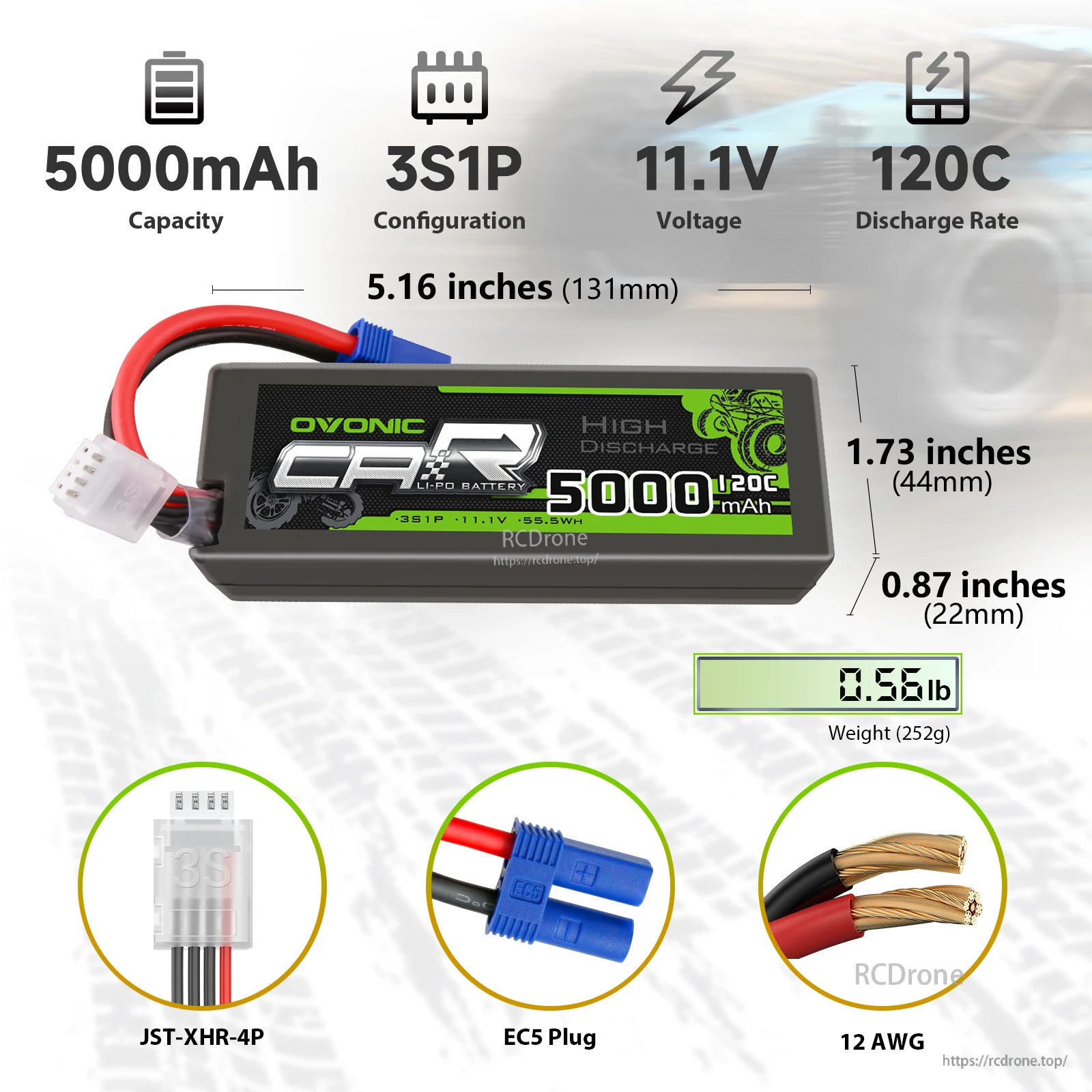OVONIC 3S LiPo Battery 11.1V 5000mAh 120C with EC5 plug, JST-XHR-4P balance lead, 131×44×22mm