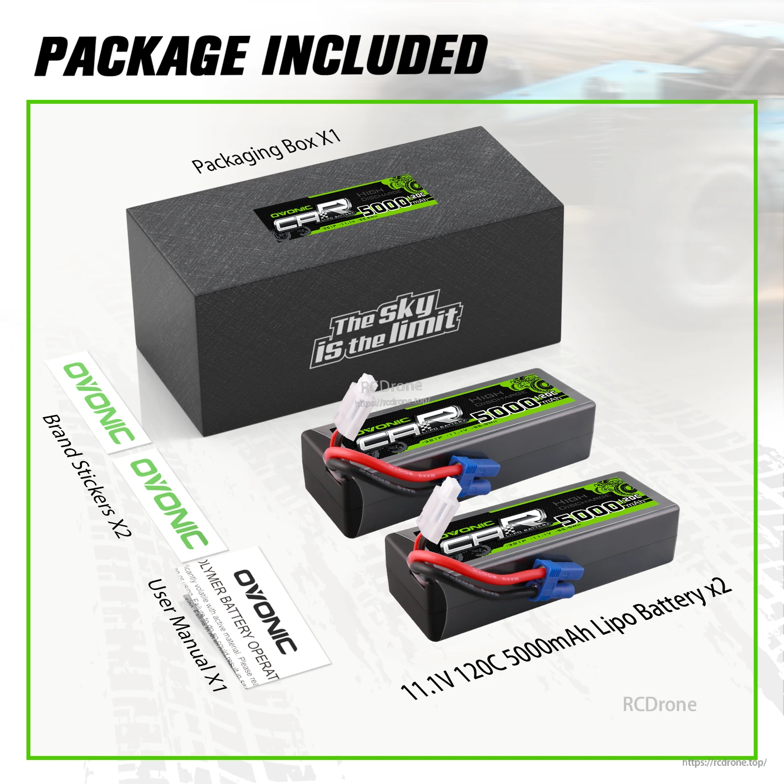 Package contents: two OVONIC 3S LiPo batteries, packaging box, brand stickers, and user manual