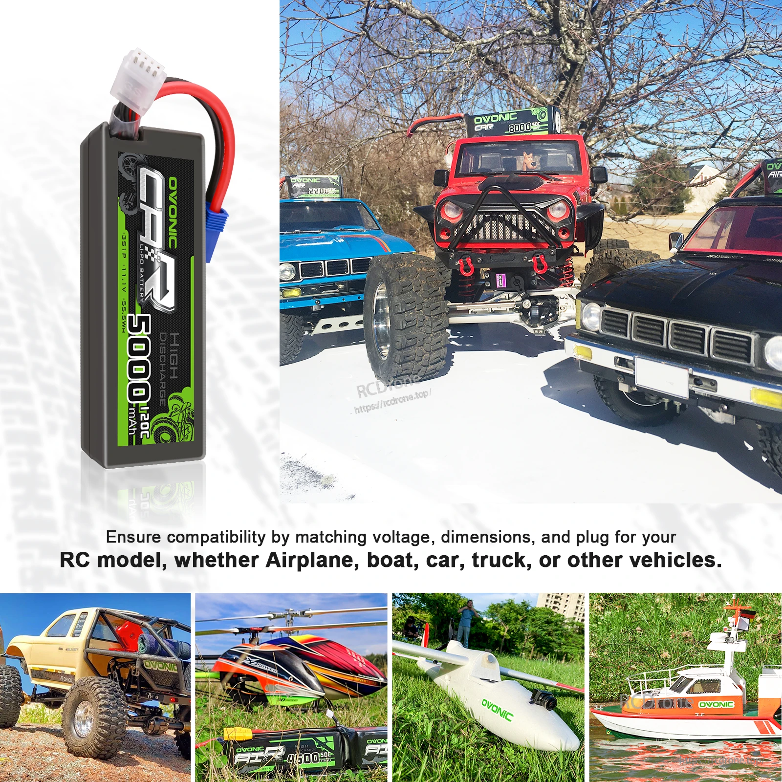OVONIC 5000mAh 3S LiPo pack with RC vehicle examples for fitment guidance across car, truck, boat, and airplane uses