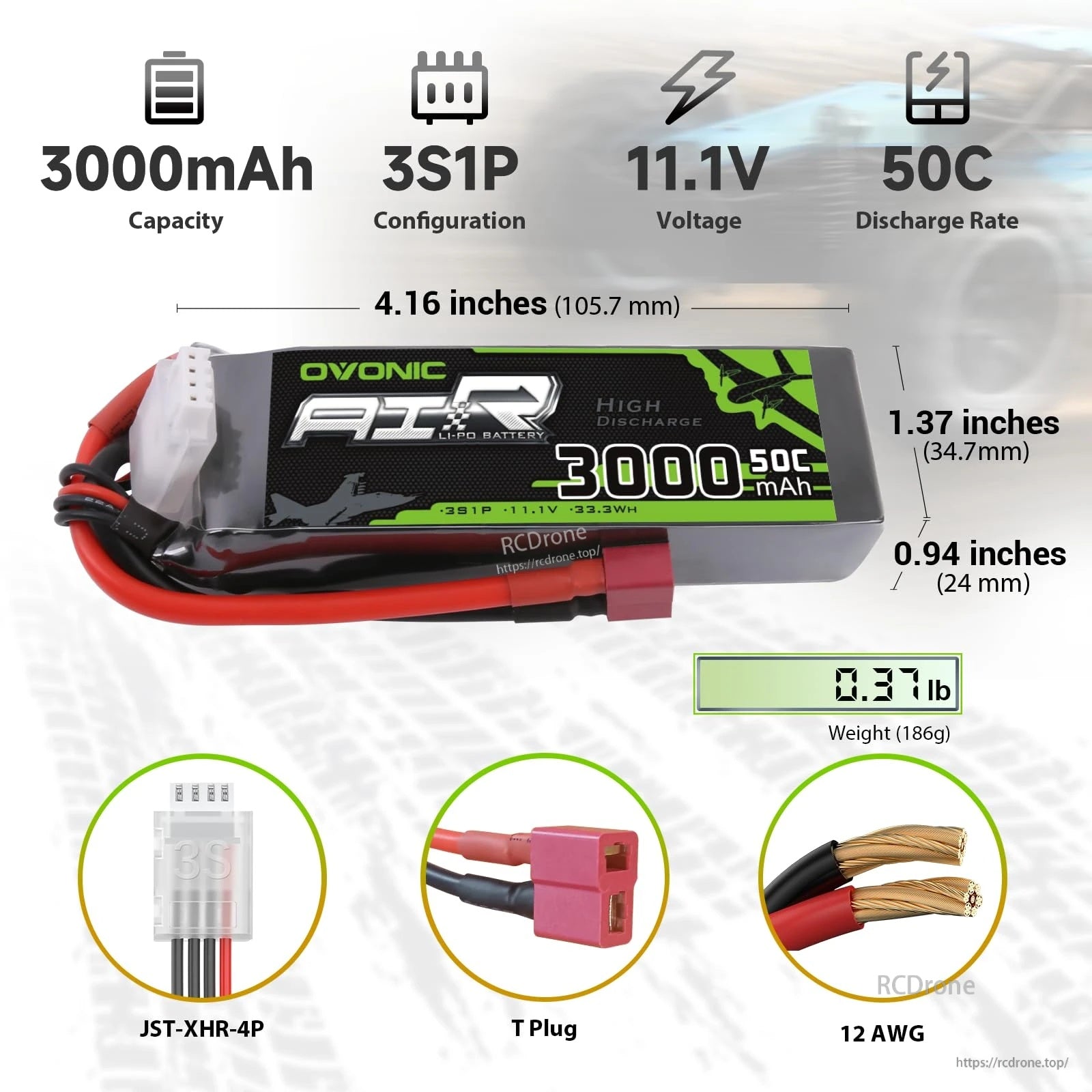 Battery size and connectors: 3000mAh 3S1P 11.1V 50C LiPo with T plug, JST-XHR-4P, 12AWG