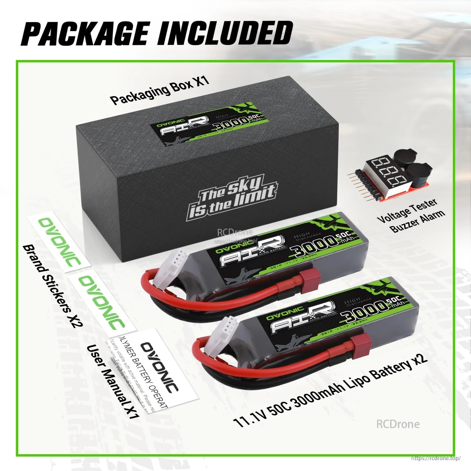 Package contents: two 11.1V 50C 3000mAh LiPo batteries, voltage tester buzzer, stickers, manual and box