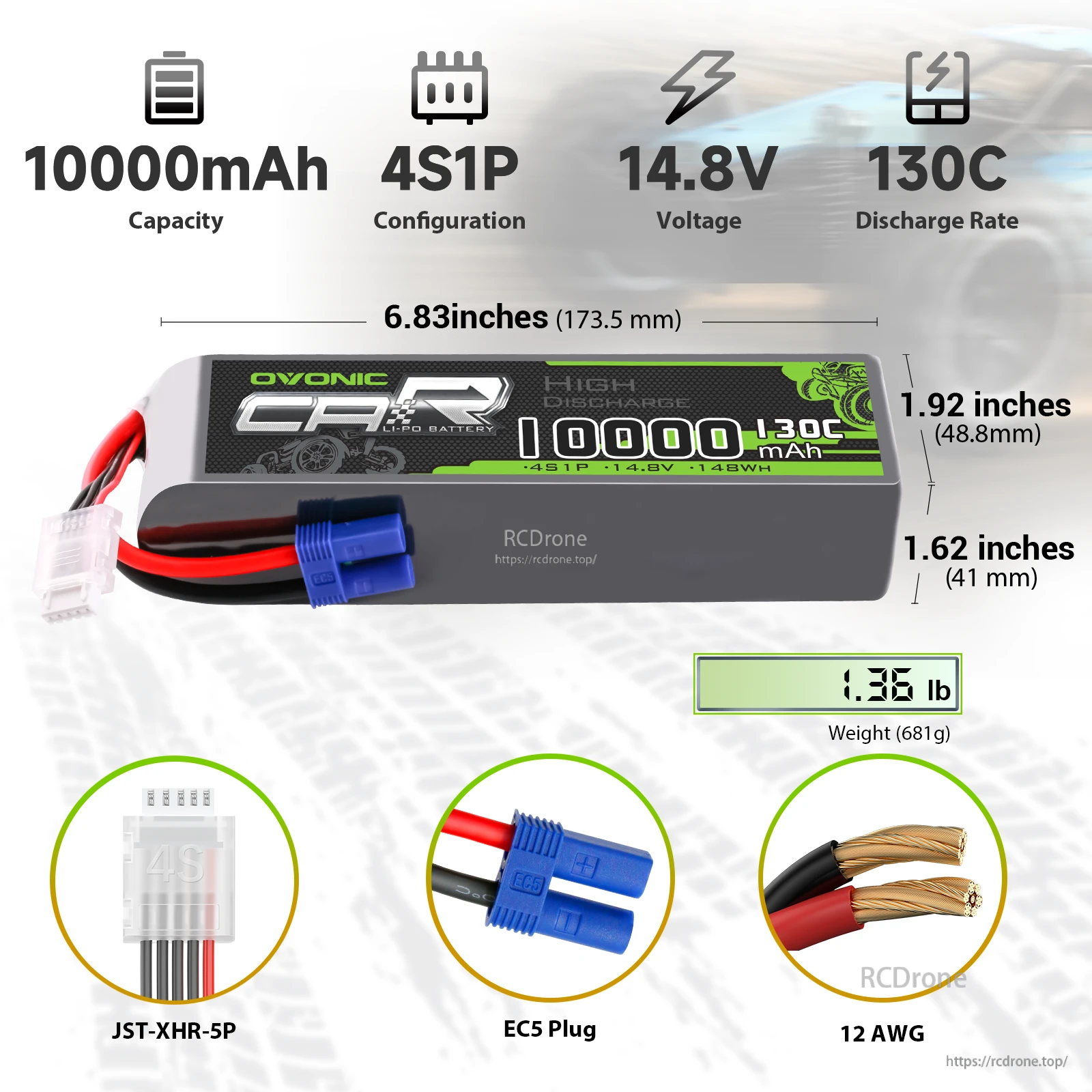 OVONIC 4S 10000mAh 14.8V 130C LiPo battery with dimensions, EC5 plug, JST-XHR balance lead and 12AWG wire