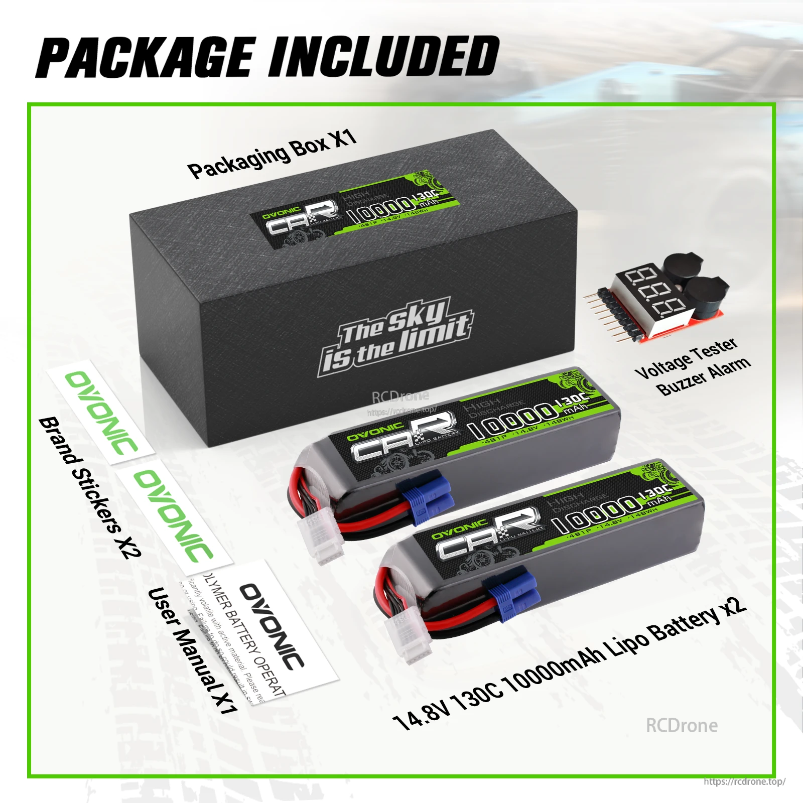 OVONIC 4S 10000mAh 14.8V 130C LiPo battery package contents: two packs, voltage tester buzzer alarm, manual and stickers