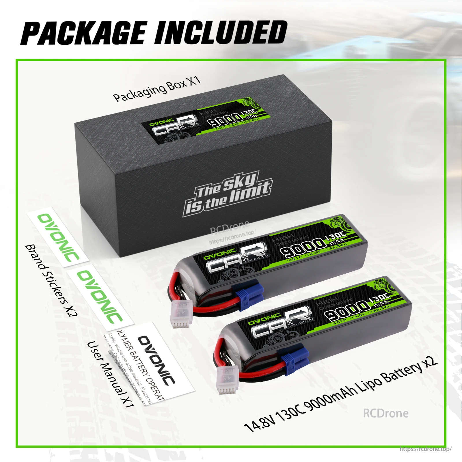Package contents: two 14.8V 9000mAh 4S 130C Ovonic LiPo batteries, box, user manual and brand stickers