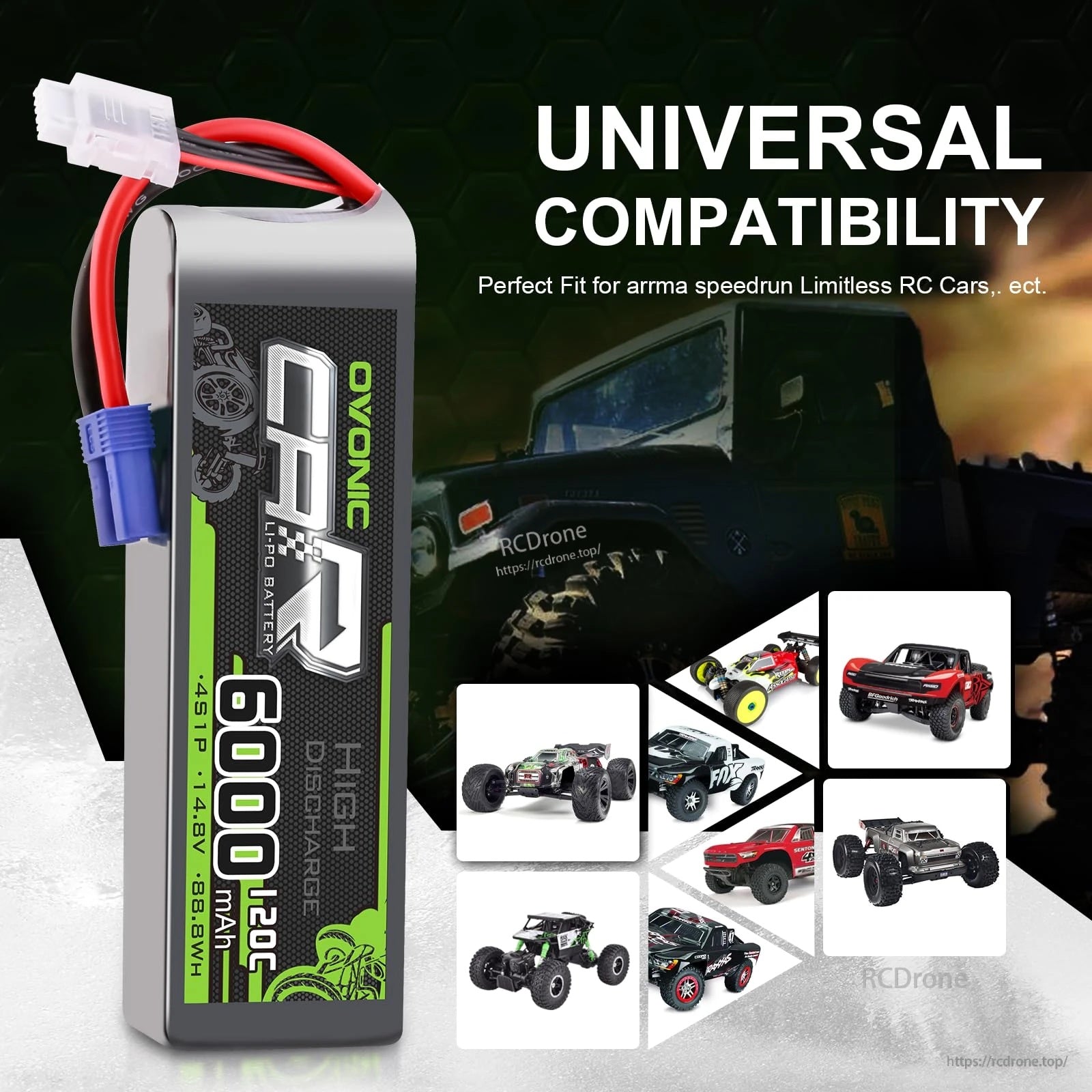 Universal compatibility graphic for a 4S LiPo with EC5 connector for RC cars, trucks, buggies, boats, and helicopters