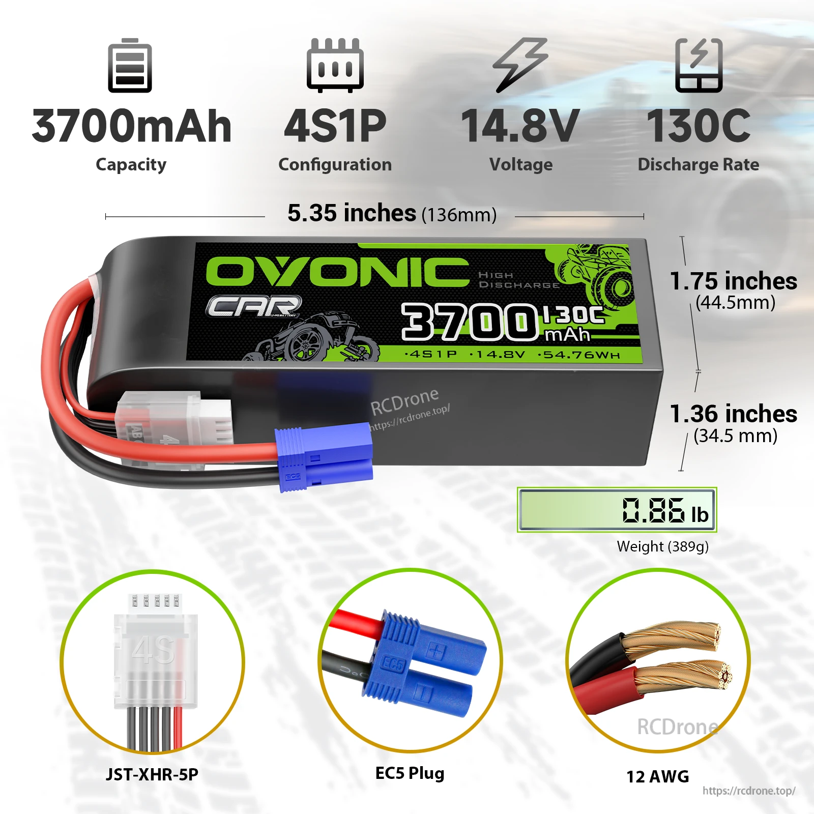 2-Pack Ovonic 3700mAh 4S 14.8V 130C LiPo battery with EC5 plug, 12AWG leads, size and weight callouts