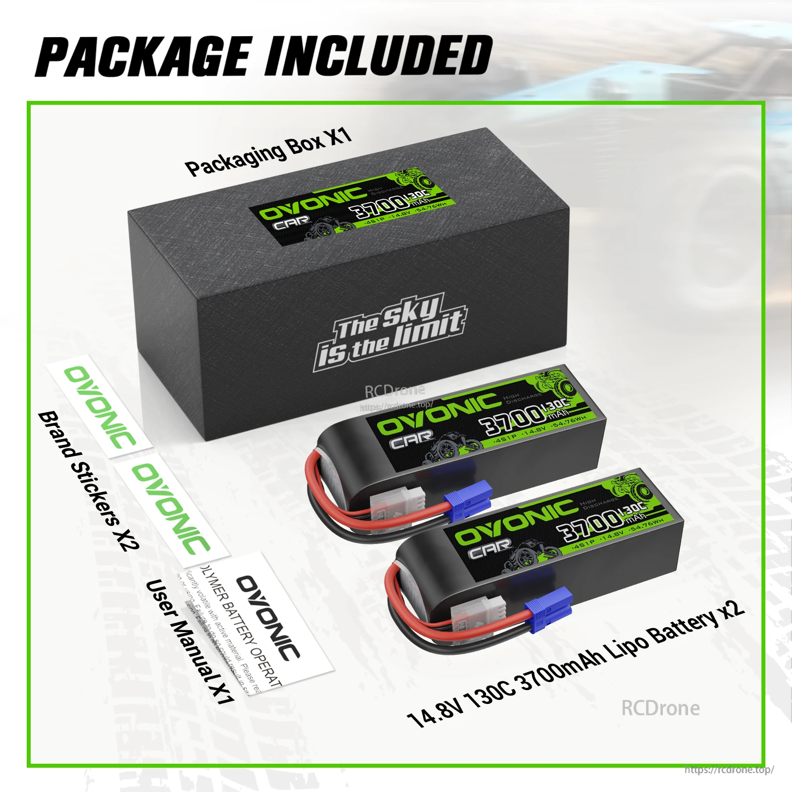 Package contents for 2-Pack Ovonic 3700mAh 4S 14.8V 130C LiPo Battery: two packs, box, stickers, and user manual
