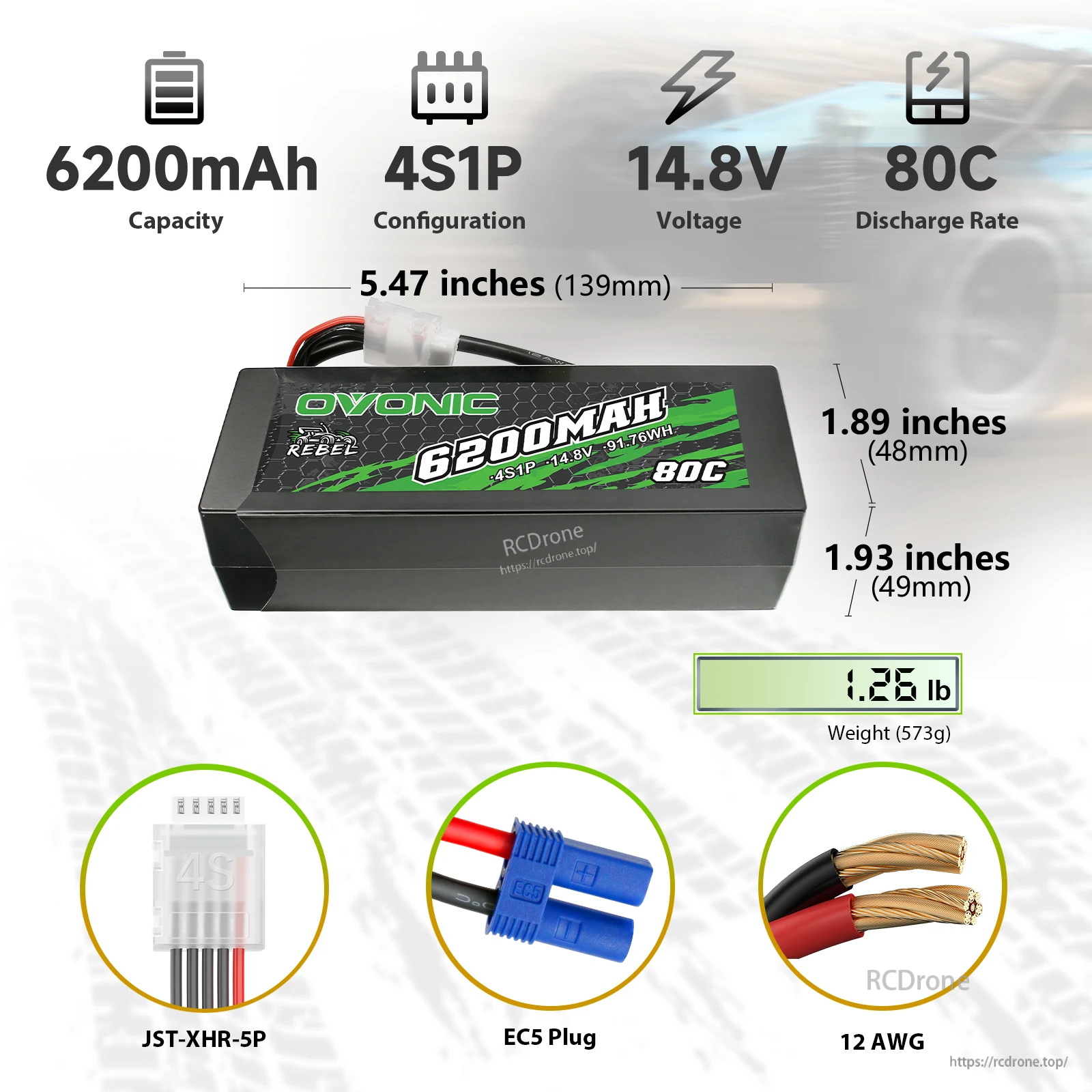 OVONIC Rebel 4S1P 6200mAh 14.8V 80C hardcase LiPo battery with EC5 plug, size and weight chart