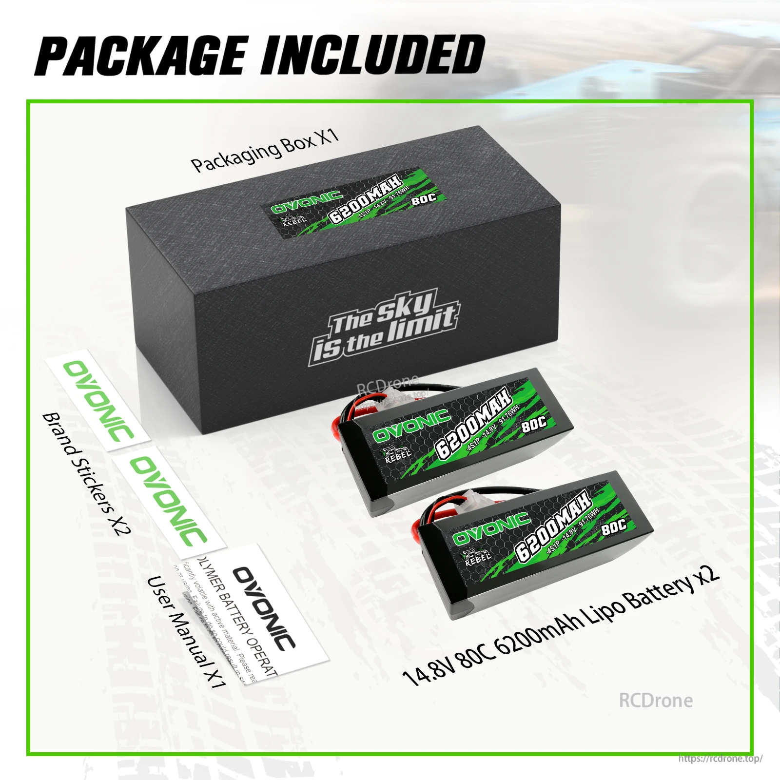 Package contents for OVONIC Rebel 4S 6200mAh 80C hardcase LiPo battery 2-pack with box, stickers and user manual
