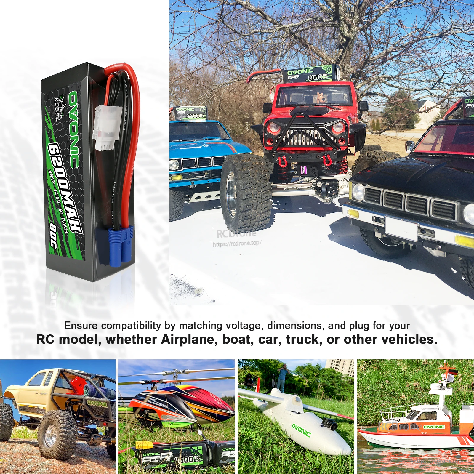 OVONIC Rebel 6200mAh hardcase LiPo with RC car and multi-model compatibility collage for voltage, size and plug matching