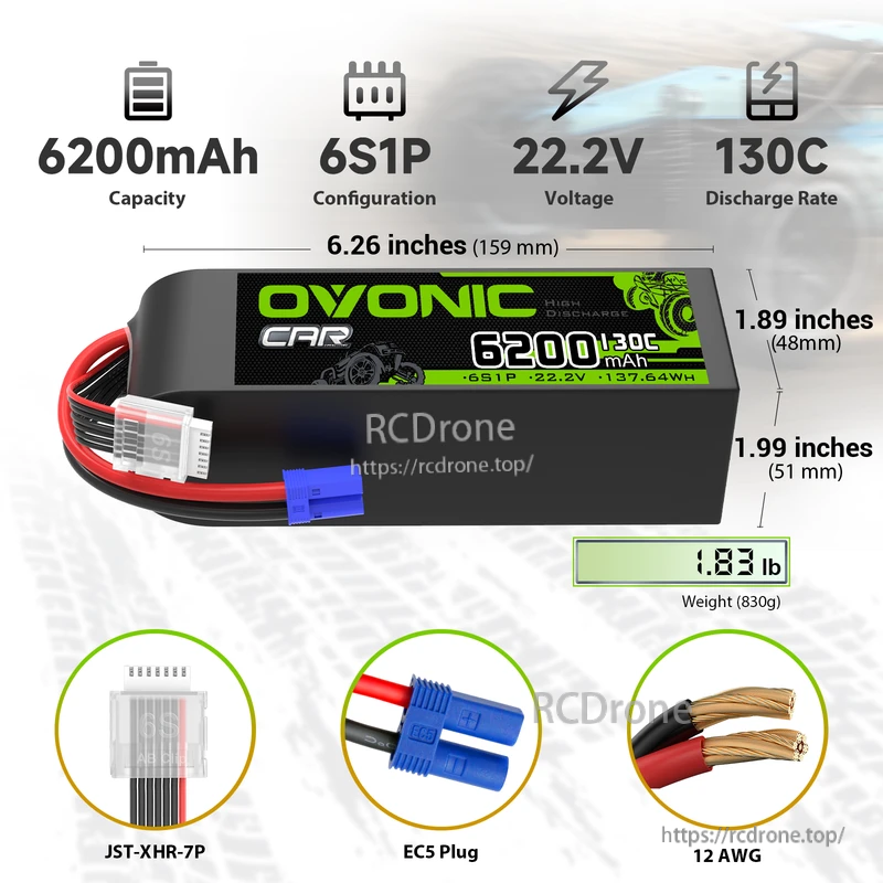 2xOVONIC 6200mAh 22.2V 130C 6S LiPo Battery with EC5 Plug for 1/8 & 1/7 Scale RC Car 6S RC Boat Airplane