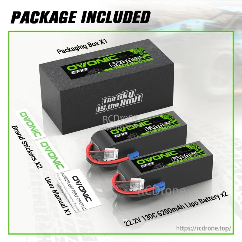 2xOVONIC 6200mAh 22.2V 130C 6S LiPo Battery with EC5 Plug for 1/8 & 1/7 Scale RC Car 6S RC Boat Airplane