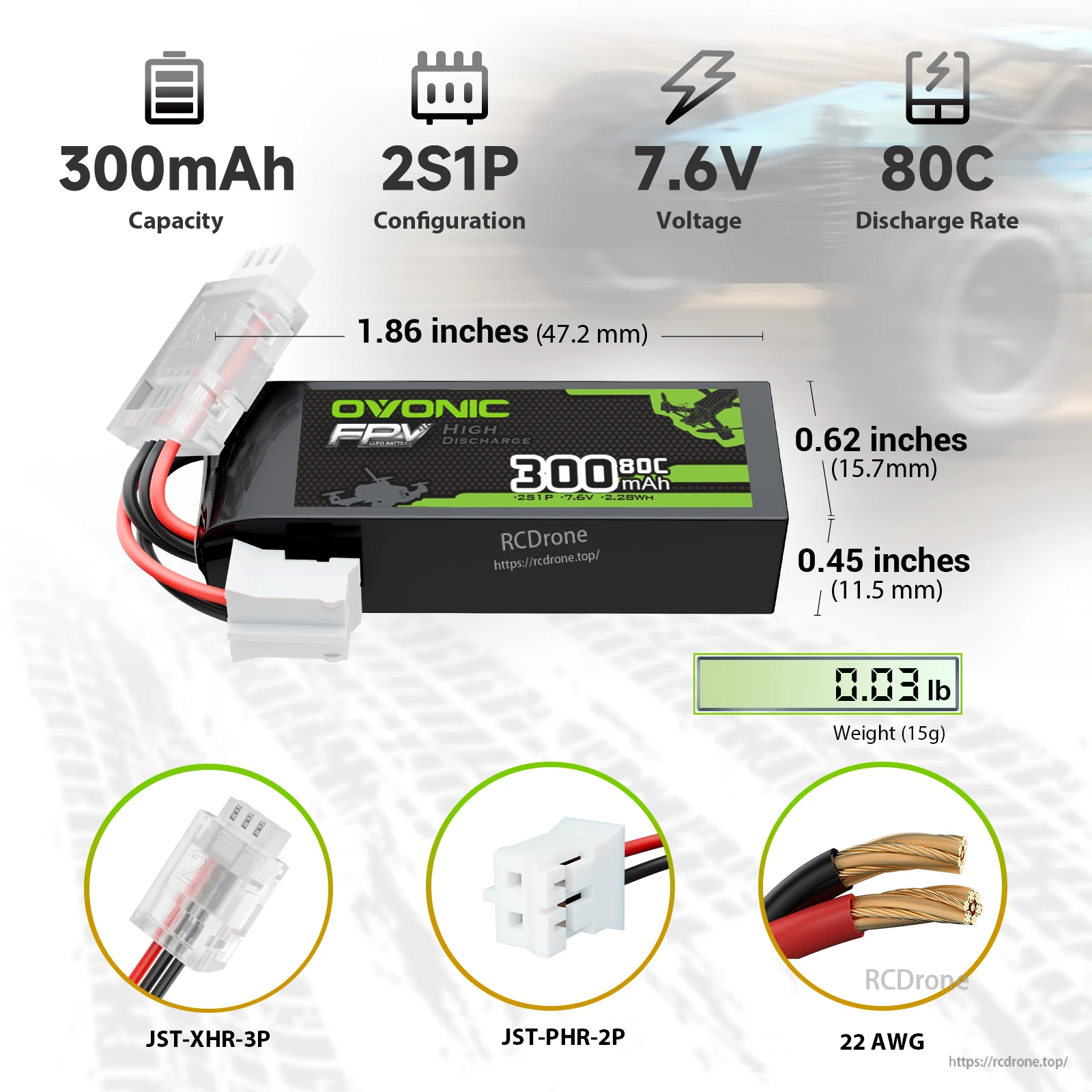 OVONIC 300mAh 2S 7.6V 80C LiPo battery specs: 47.2×15.7×11.5mm, 15g, JST-PHR-2P plug