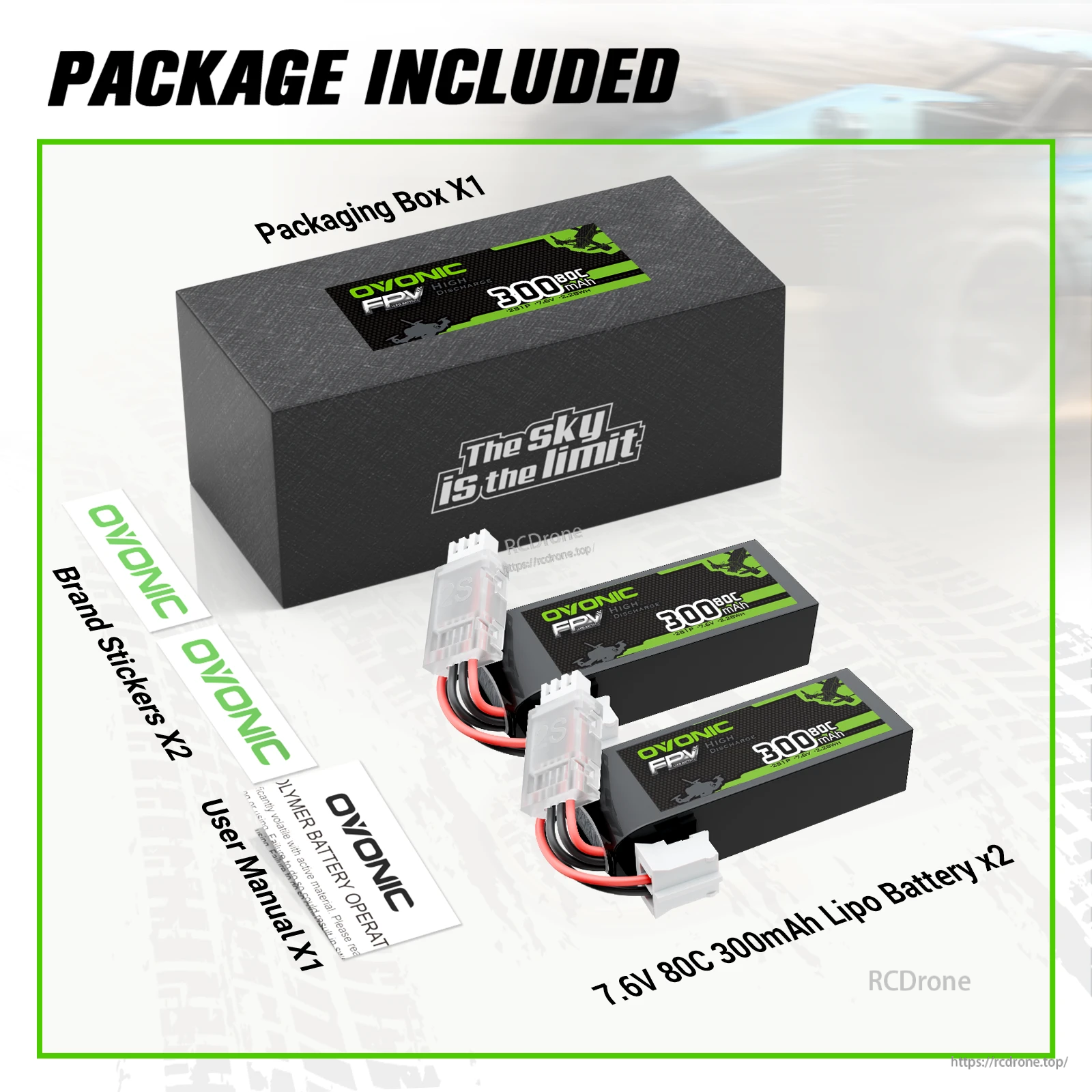 Package contents: 2-pack OVONIC 7.6V 300mAh 80C 2S LiPo batteries, box, stickers, and user manual