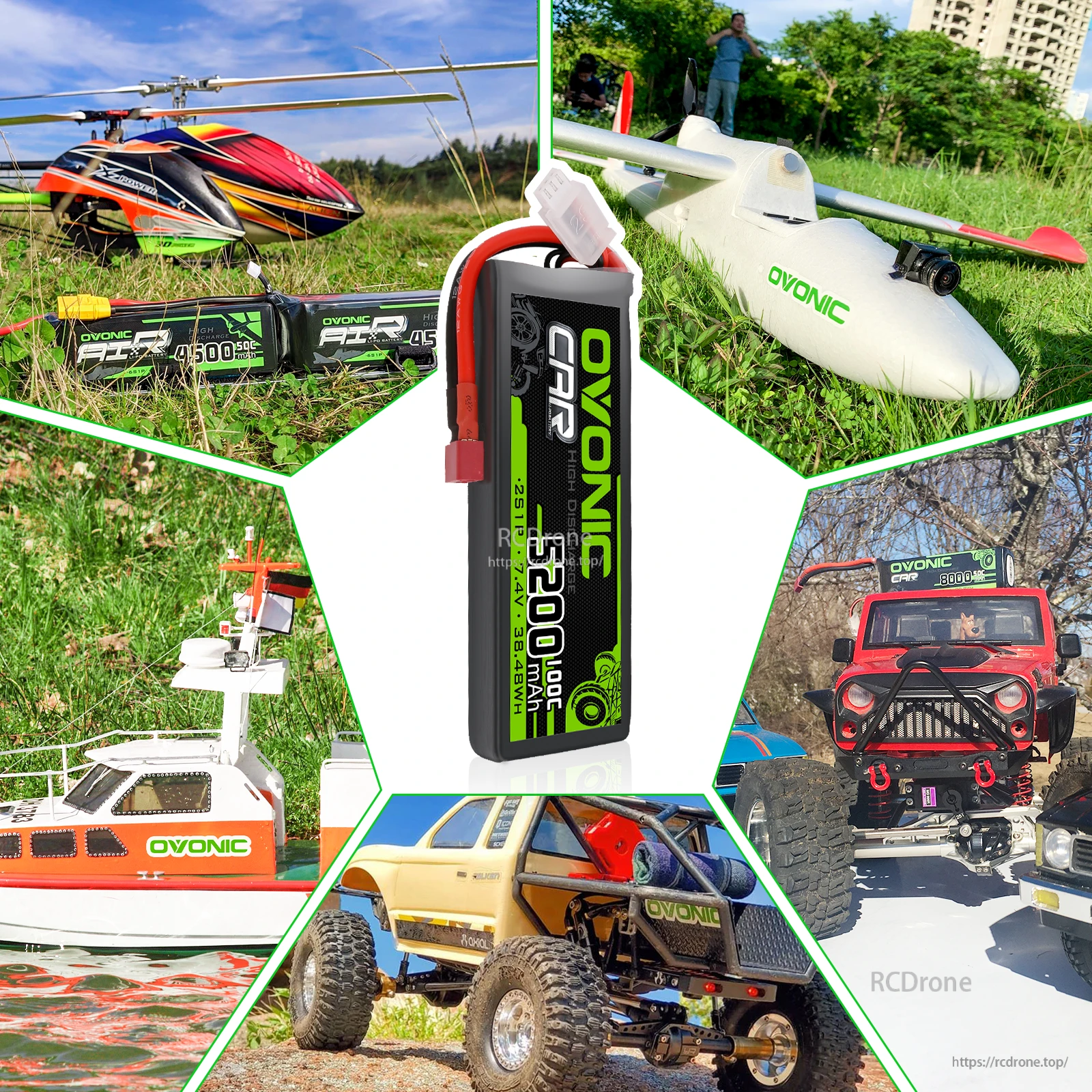 RC use collage featuring the Ovonic battery with RC helicopter, plane, boat, and off-road RC car scenes