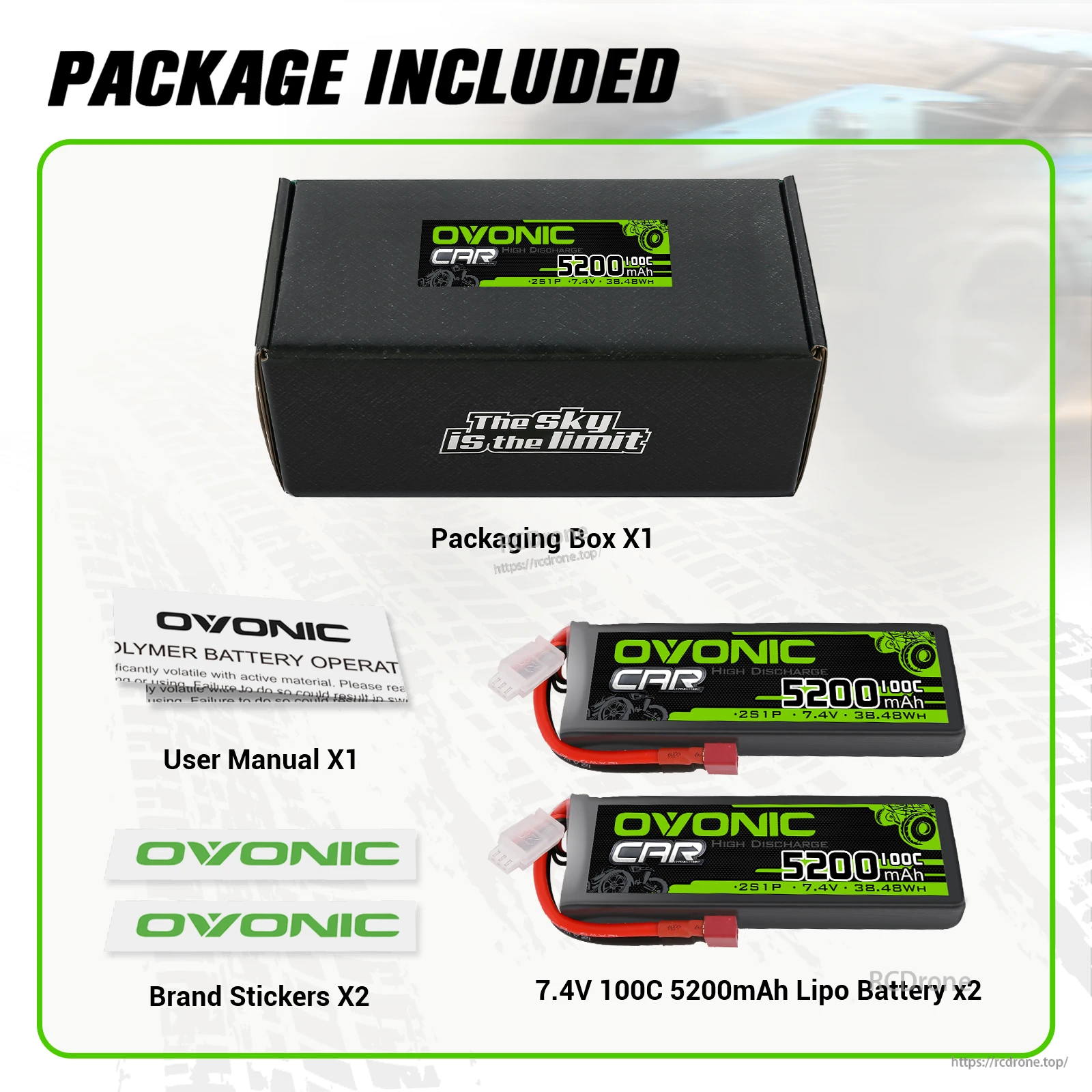 Package contents: two Ovonic 7.4V 5200mAh 100C 2S LiPo batteries, user manual, brand stickers, and packaging box