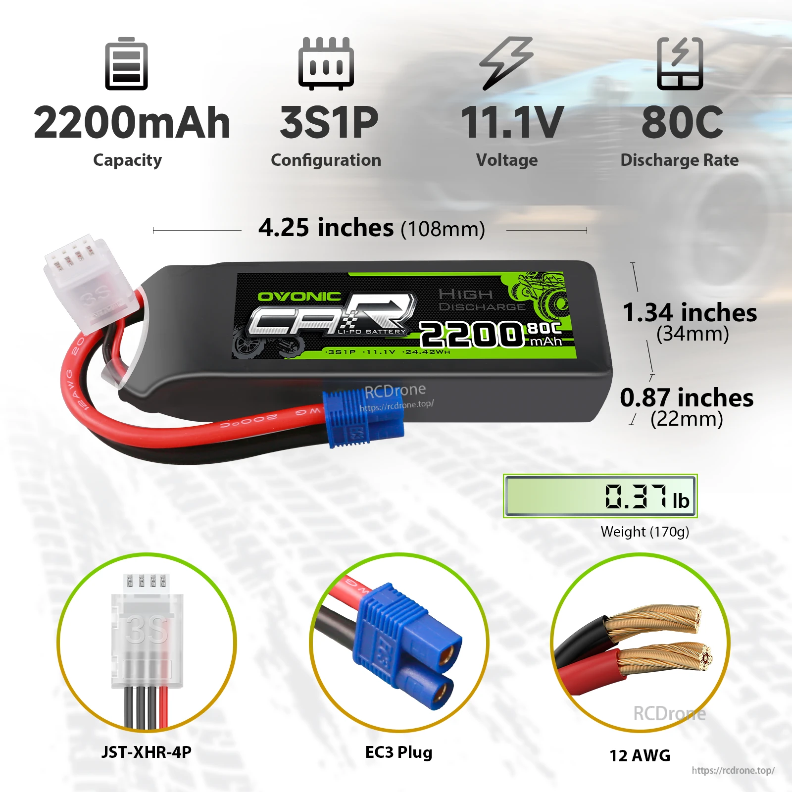 Ovonic 2-Pack 2200mAh 3S 11.1V 80C LiPo battery specs with EC3 plug, JST-XHR balance lead, and 12AWG wires