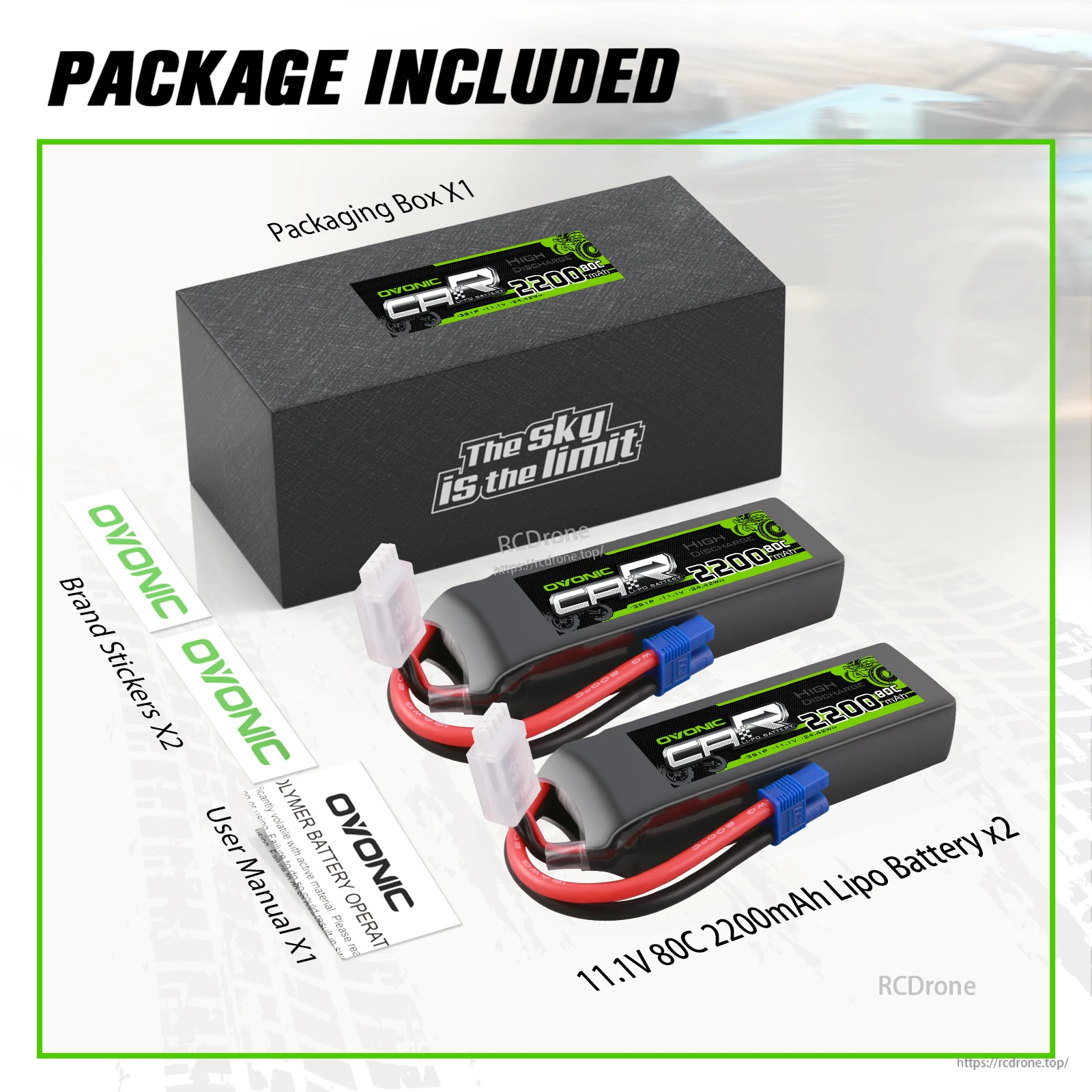 Ovonic 2-Pack 2200mAh 3S 11.1V 80C LiPo battery package contents with two batteries, manual, stickers, and box