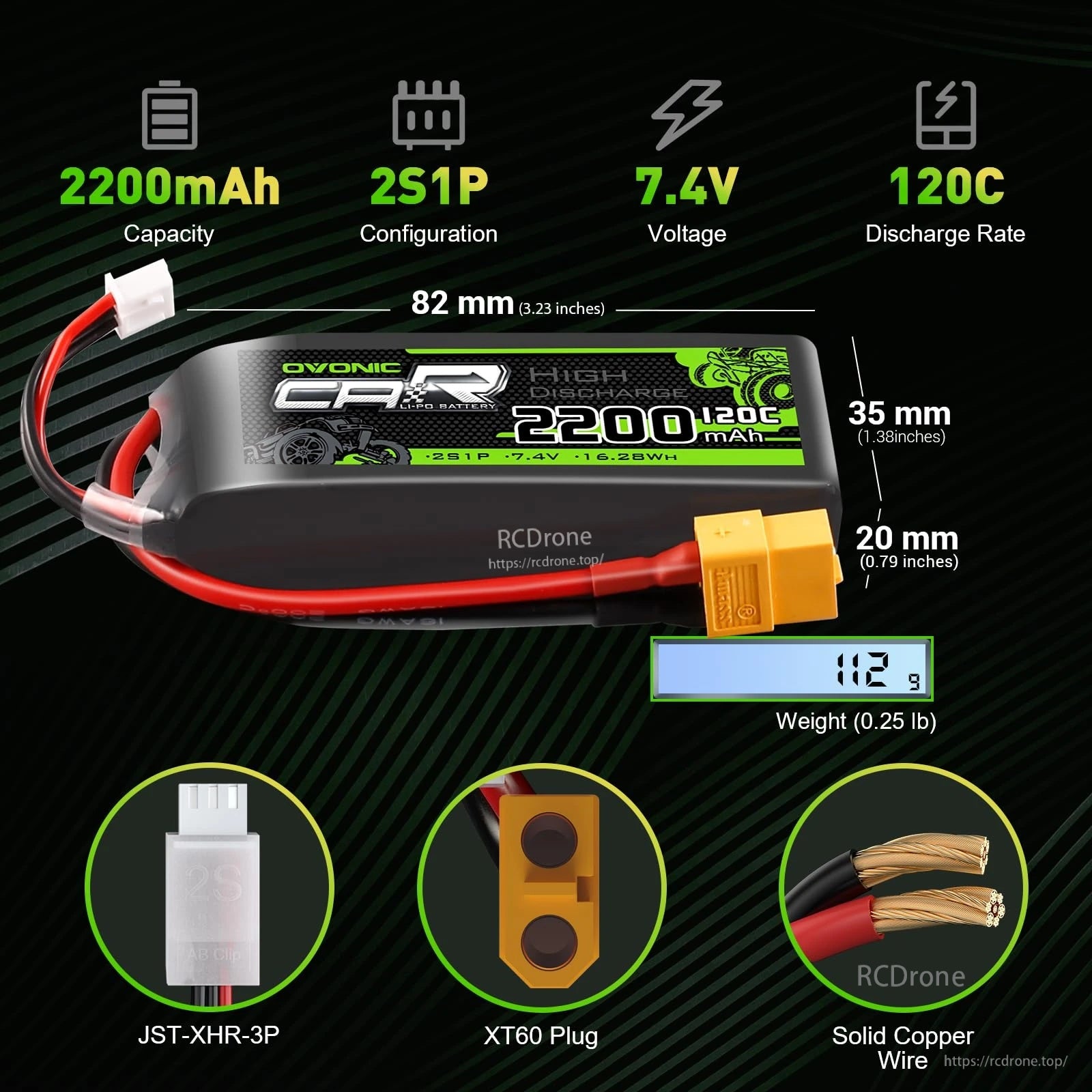 Ovonic 2S 7.4V 2200mAh 120C LiPo battery with XT60 plug, JST-XHR-3P balance lead, and size callouts