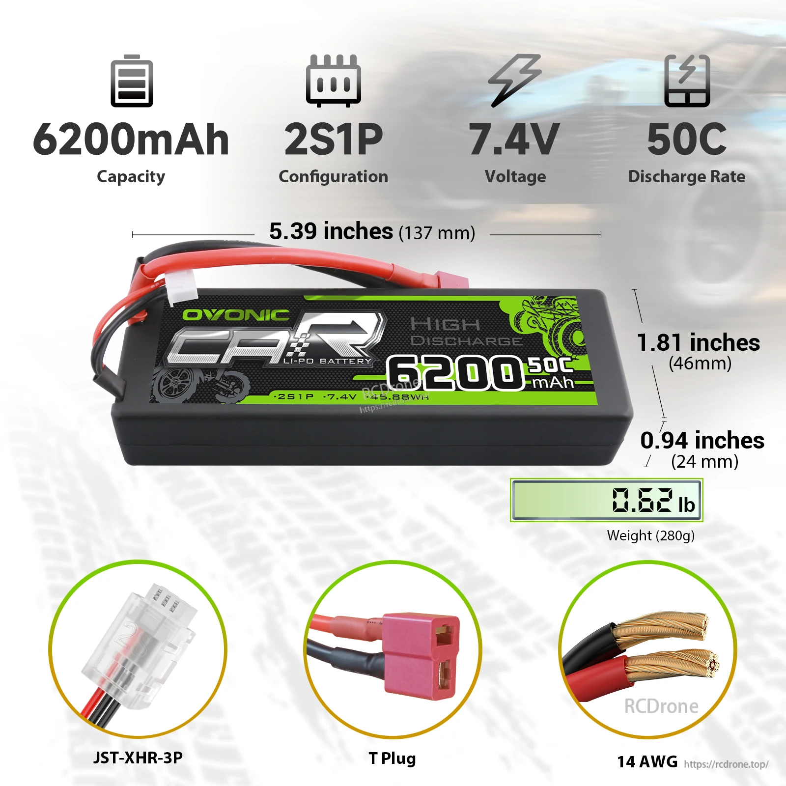 Ovonic 2S 6200mAh 50C 7.4V hard case LiPo battery specs: 137×46×24mm, 280g, Deans and JST-XHR-3P