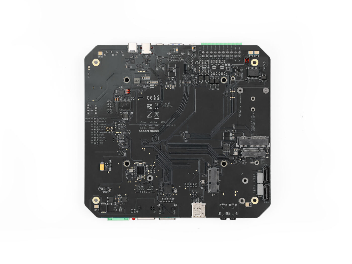 Industrial carrier board for Jetson AGX Orin with 10GbE/GbE, USB 3.1, M.2 slots, SATA III, HDMI 2.1, and 12–36V DC input.