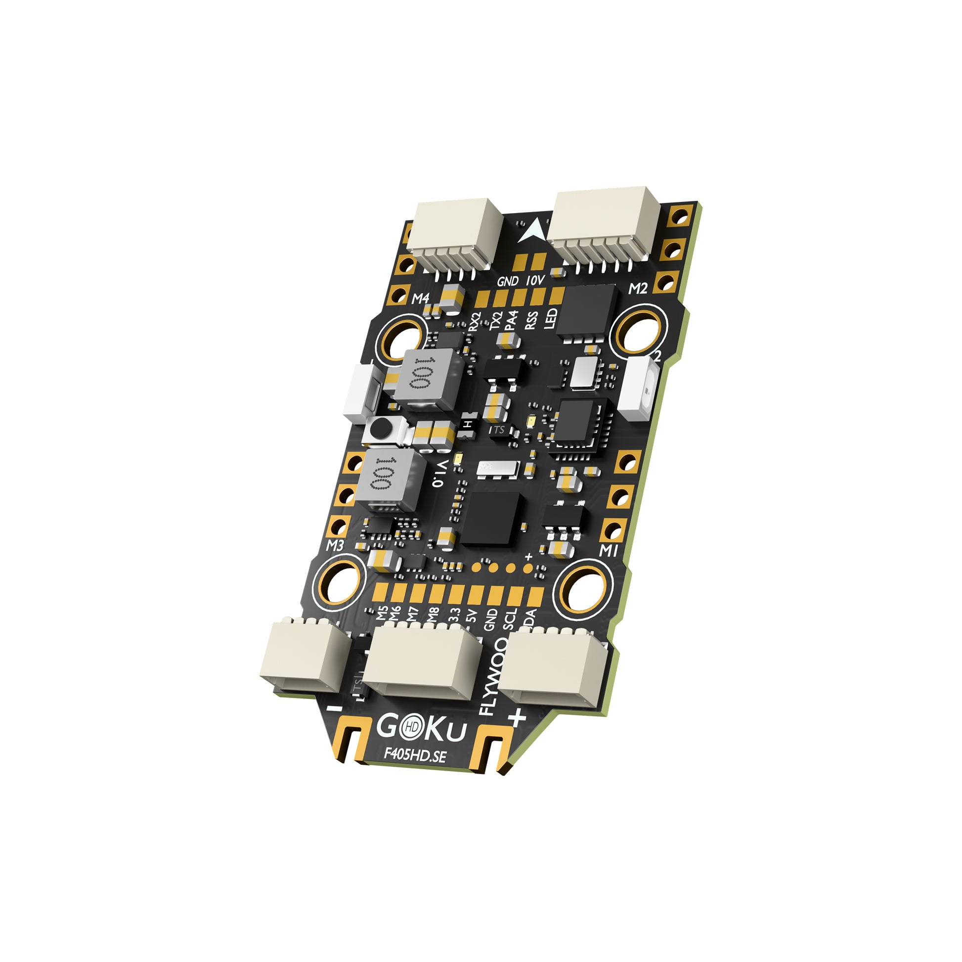 Flywoo GOKU F405HD.SE AIO flight controller and 4-in-1 ESC board with plug connectors and labeled pads