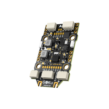 Flywoo GOKU F405HD.SE AIO flight controller and 4-in-1 ESC board with plug connectors and labeled pads