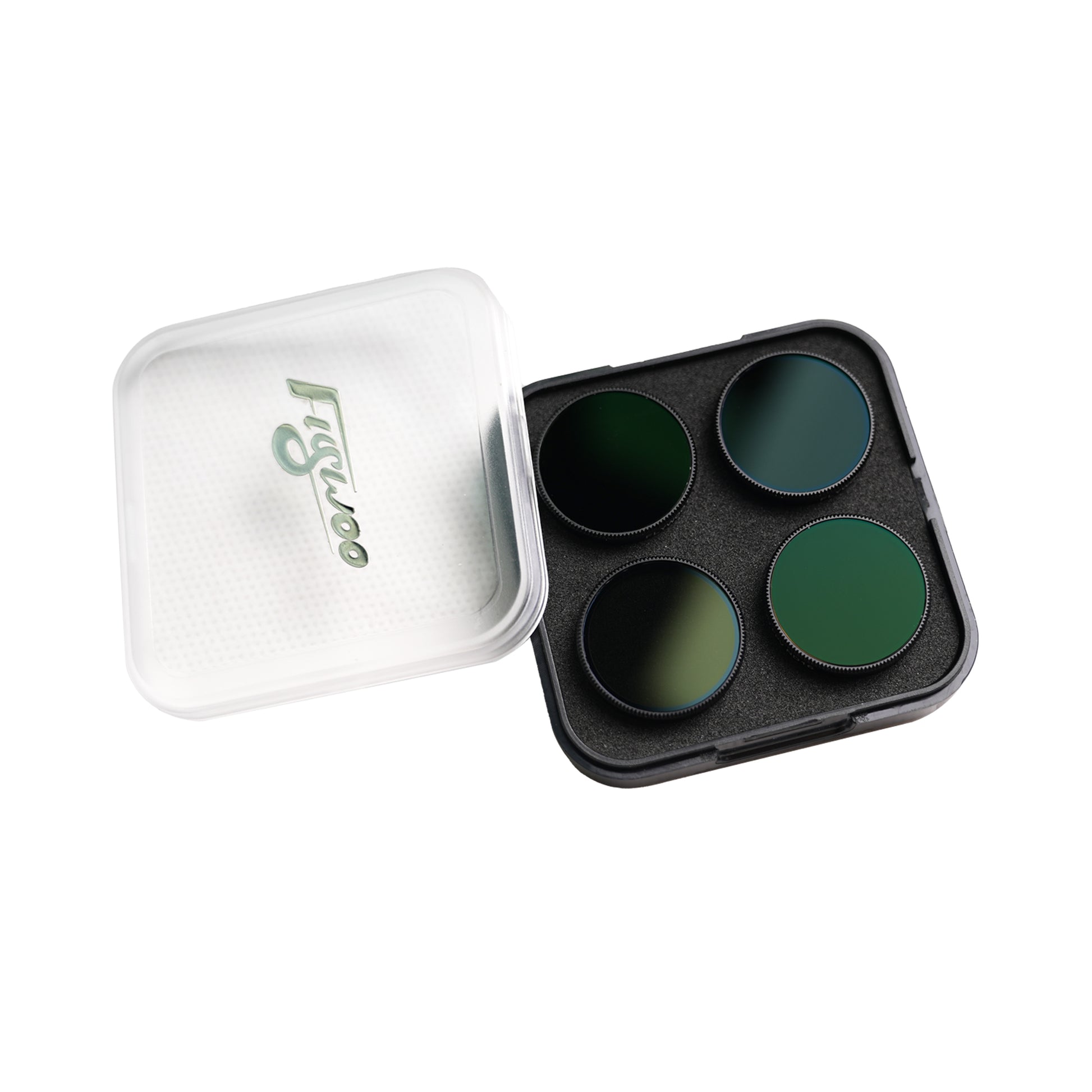 Flywoo action camera ND filter set with four circular, green‑tinted filters in a compact protective case
