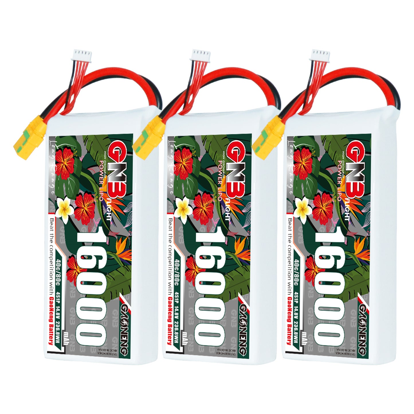 Three-pack view of GNB 16000 batteries standing upright with leads and balance plugs visible
