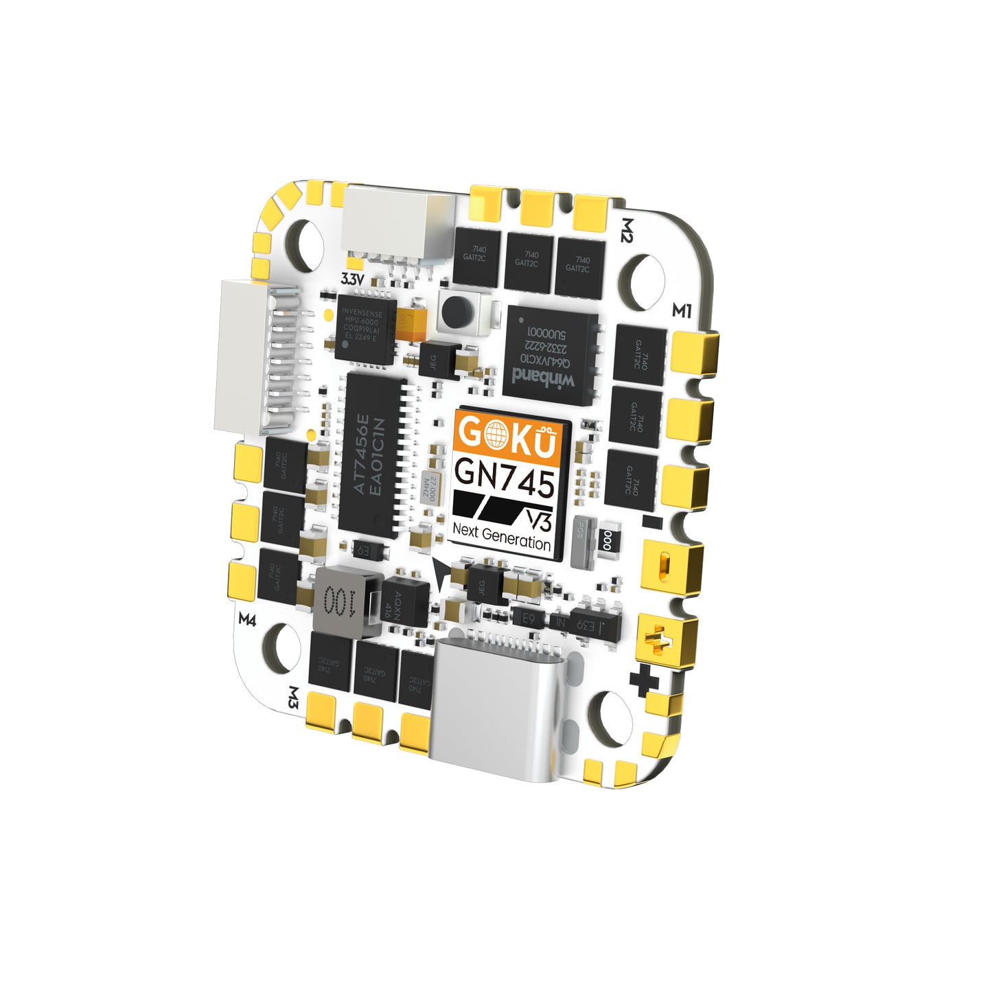 Flywoo GOKU GN745 V3 45A AIO Flight Controller, Flywoo GOKU GN745 V3 AIO flight controller board with USB-C port and labeled M1–M4 motor pads