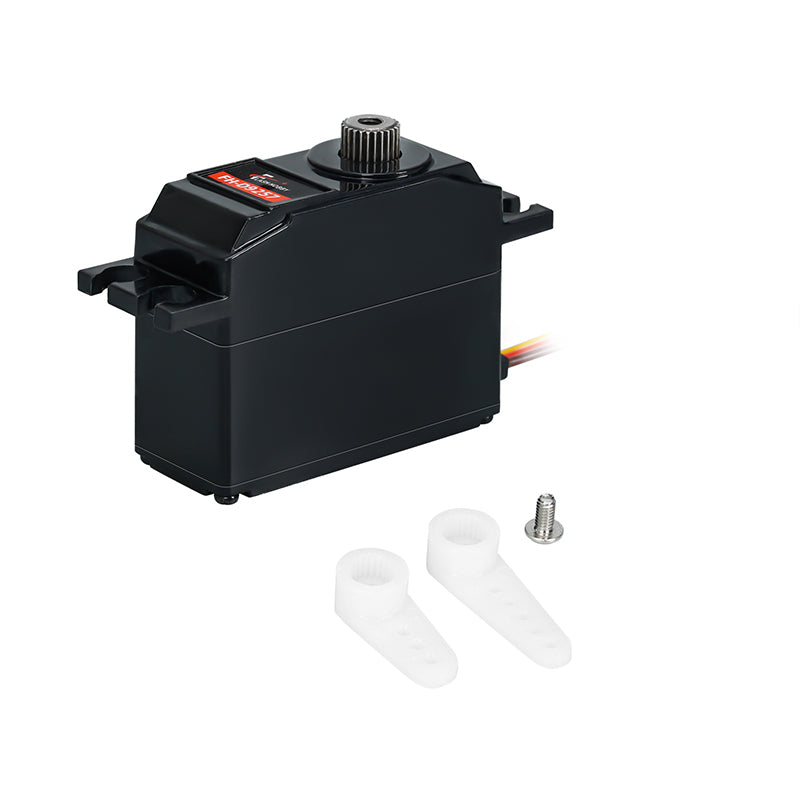 Flashhobby FH-D9257MG tail servo with metal output spline, plus two white servo arms and mounting screw