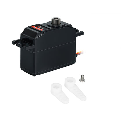 Flashhobby FH-D9257MG tail servo with metal output spline, plus two white servo arms and mounting screw