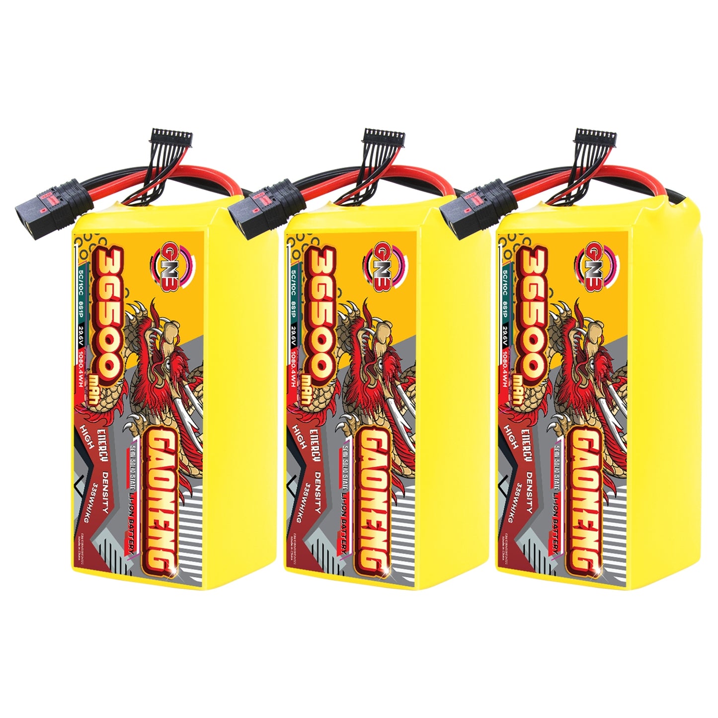 Three yellow GAONENG 36500mAh battery packs lined up, front labels visible