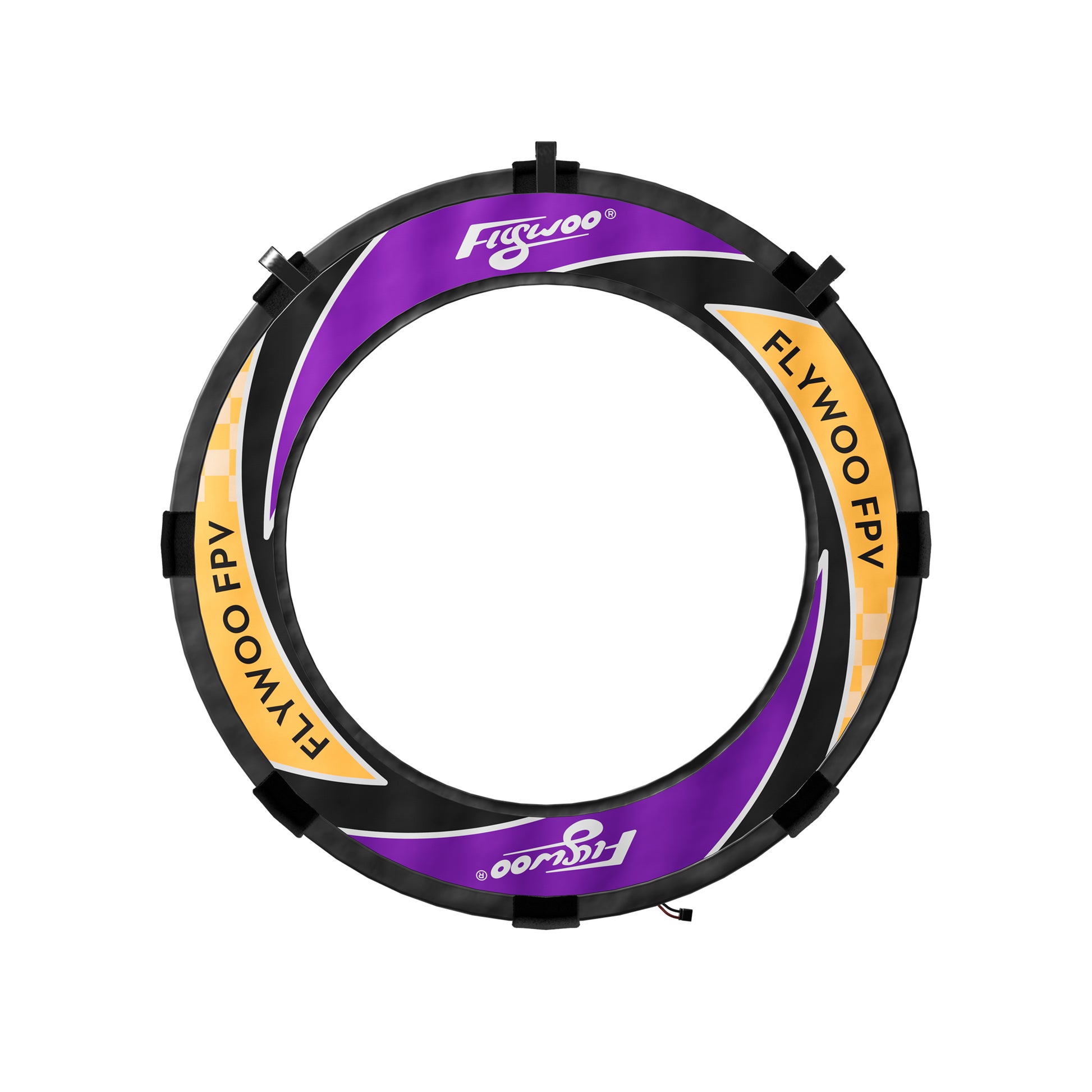 Flywoo FPV halo circle race gate with purple and yellow ring design, Flywoo branding, and Velcro straps