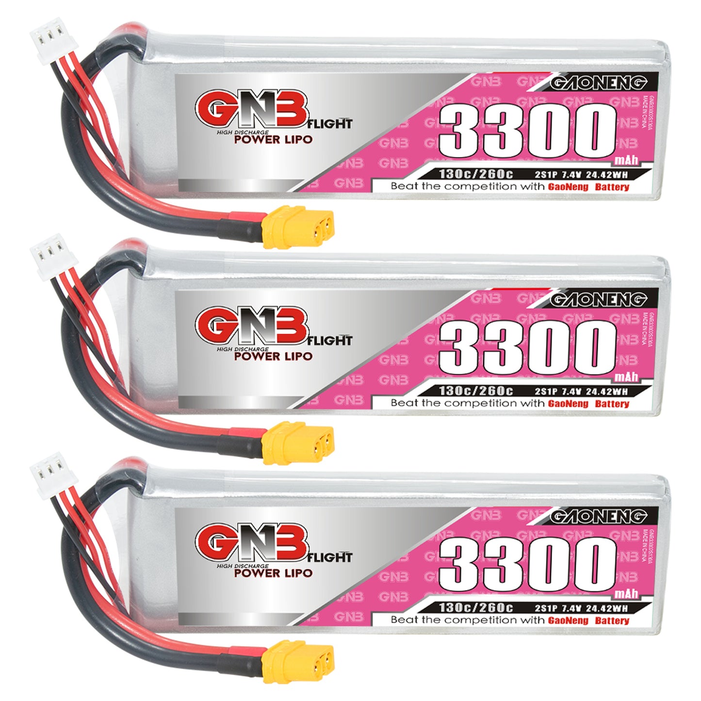 Three-pack display of GNB 3300mAh 2S LiPo batteries with XT60 connectors aligned
