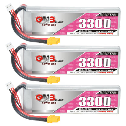 Three-pack display of GNB 3300mAh 2S LiPo batteries with XT60 connectors aligned