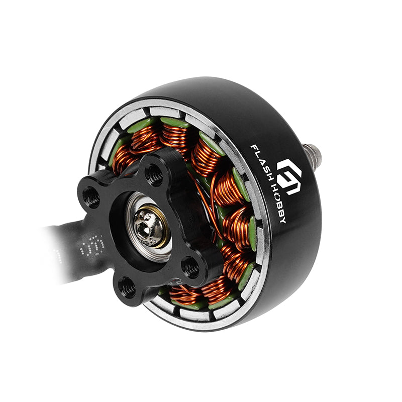 Flashhobby Arthur A2806.5 brushless motor close-up with copper windings, black can, and mounting base