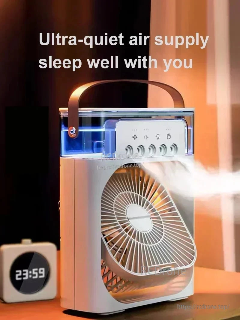 3-in-1 mini air cooler humidifier fan on desk, ultra-quiet airflow with top water tank and carry handle