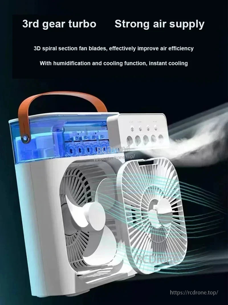 Angled view of mini air cooler fan with mist outlets and 3rd-gear turbo strong air supply graphic