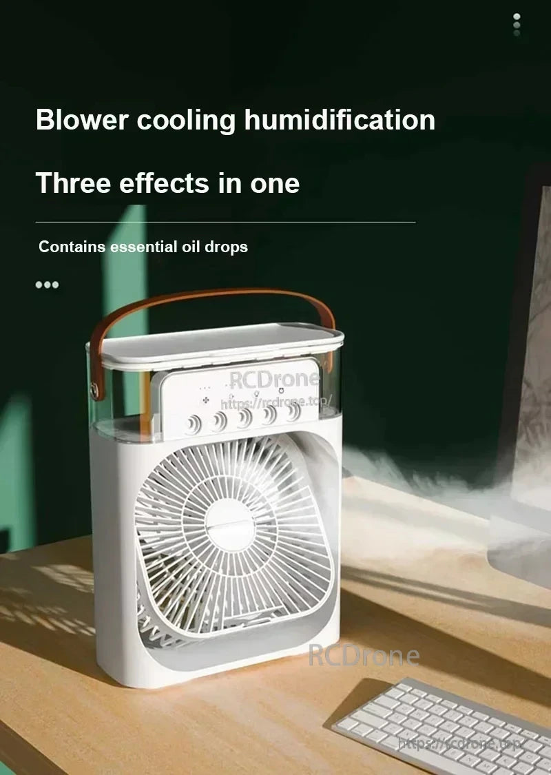 3-in-1 blower cooling humidification fan on desktop with mist output and 7-color LED light feature text