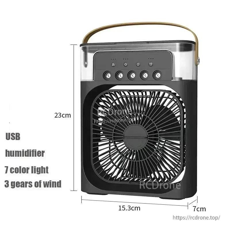 Black color option with same compact dimensions (23cm x 15.3cm x 7cm) and front fan grille controls