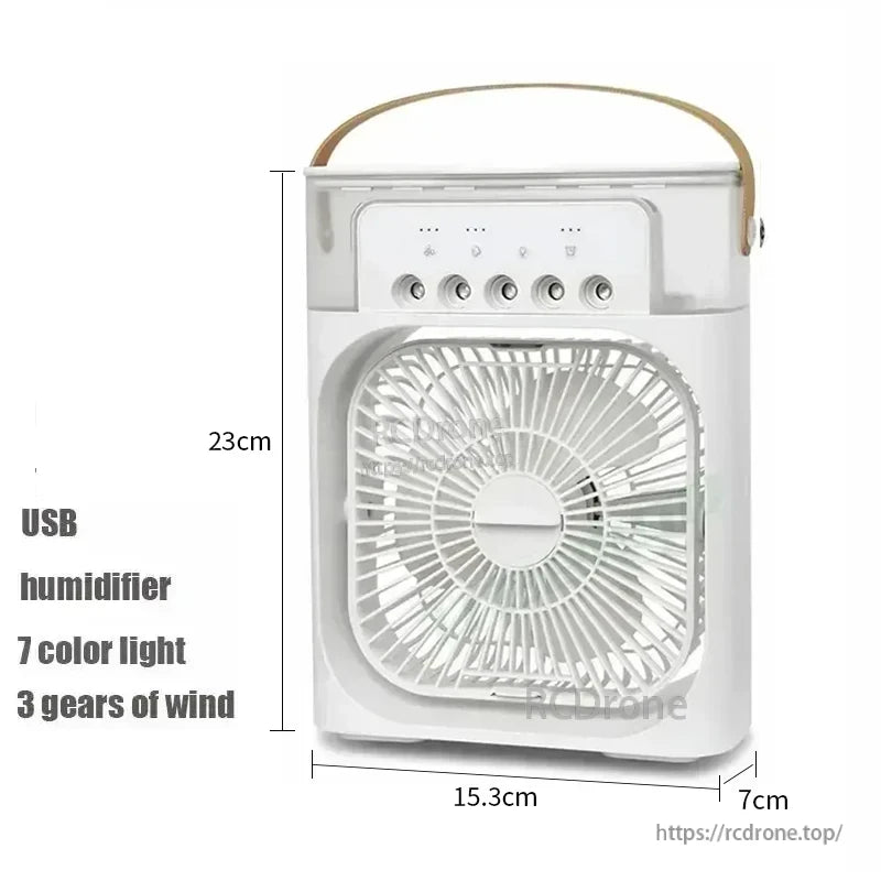 White mini USB air cooler humidifier fan dimensions: 23cm tall, 15.3cm wide, 7cm deep; 7-color light