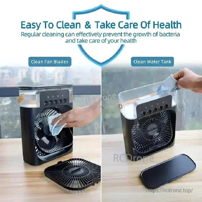 Easy-clean design: wiping fan blades and removing the water tank lid for quick cleaning and maintenance